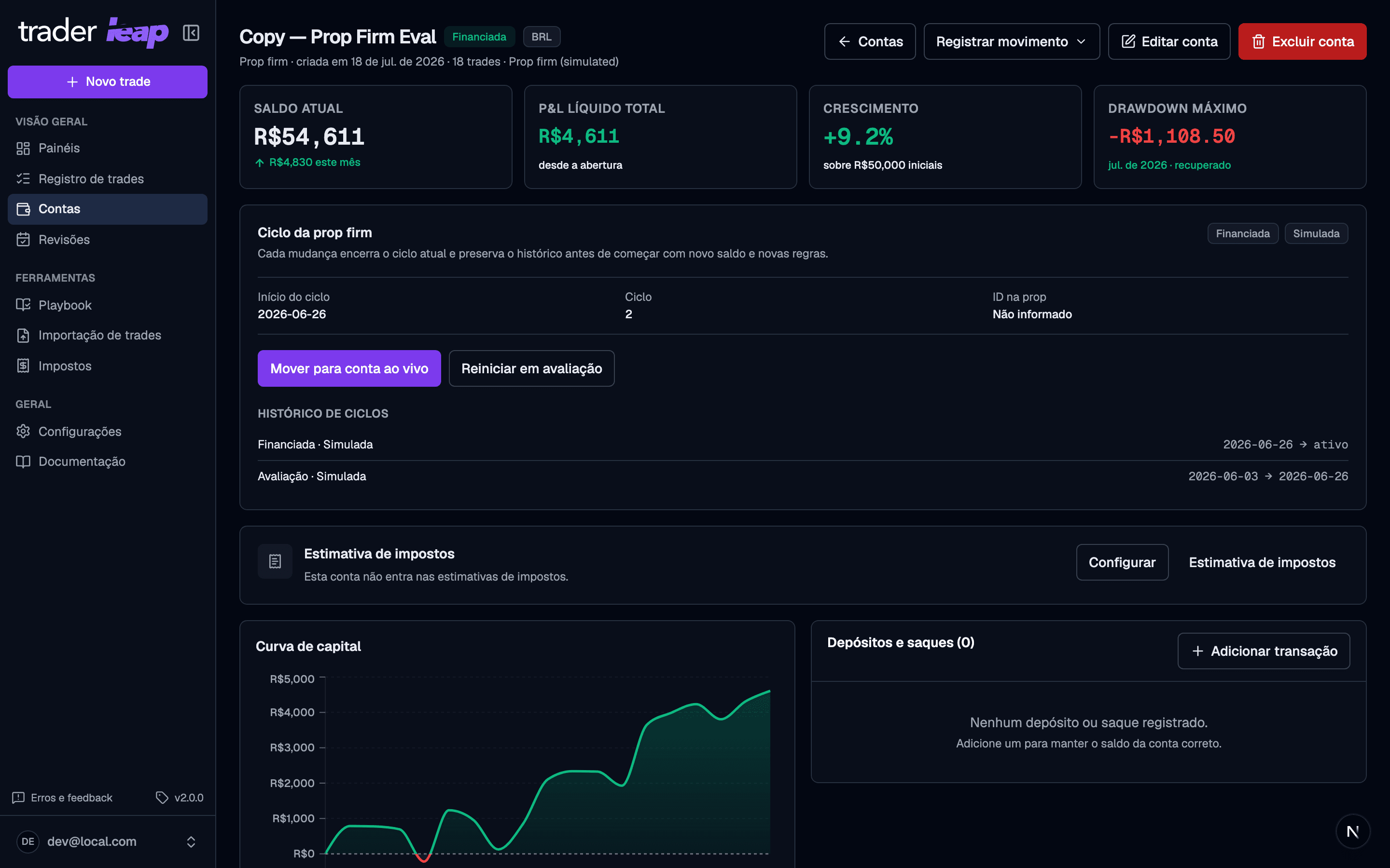 Cycle view of a funded prop firm account, with the cycle history and the move-to-live-account button