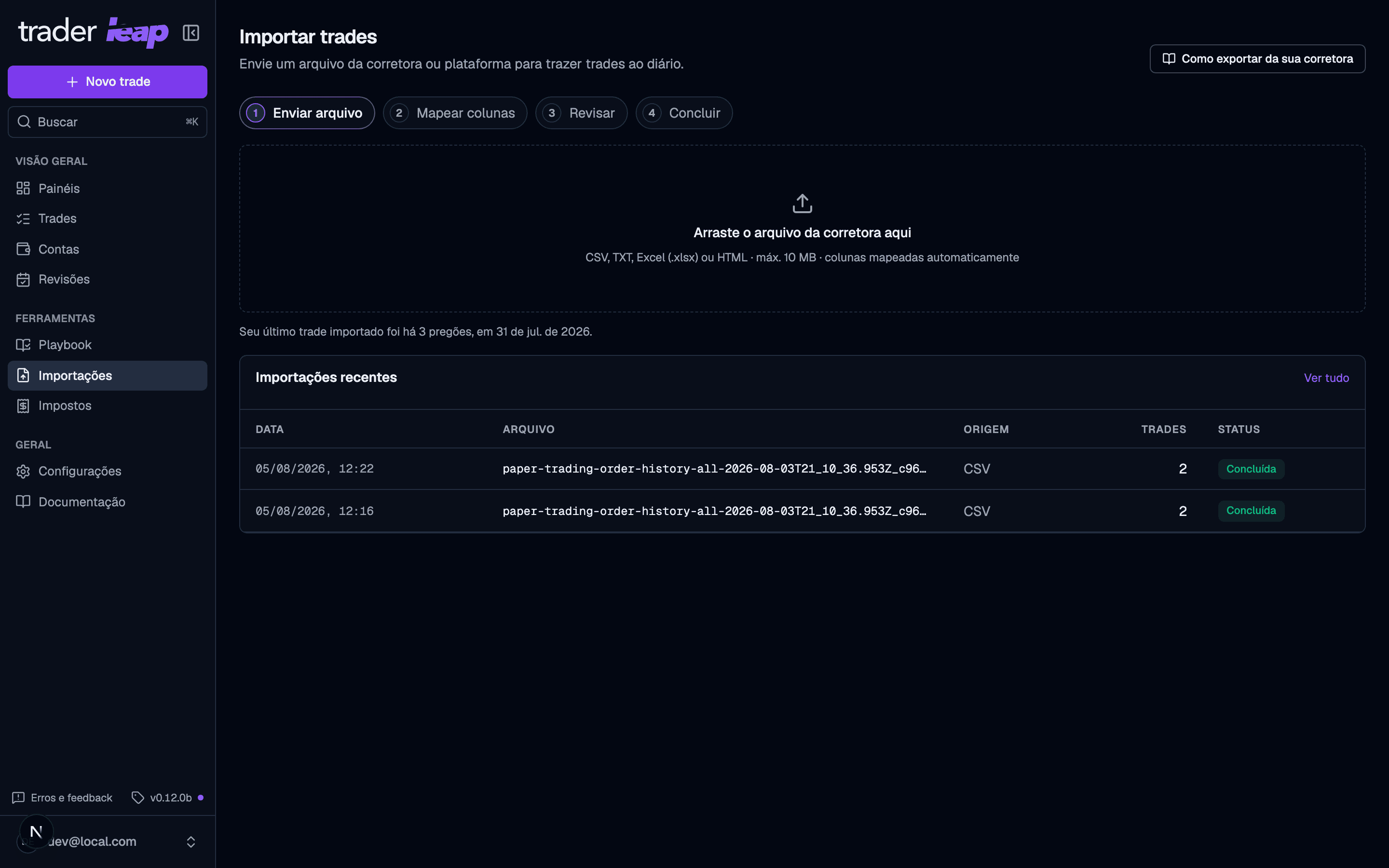 Import screen with the file upload area and the four steps