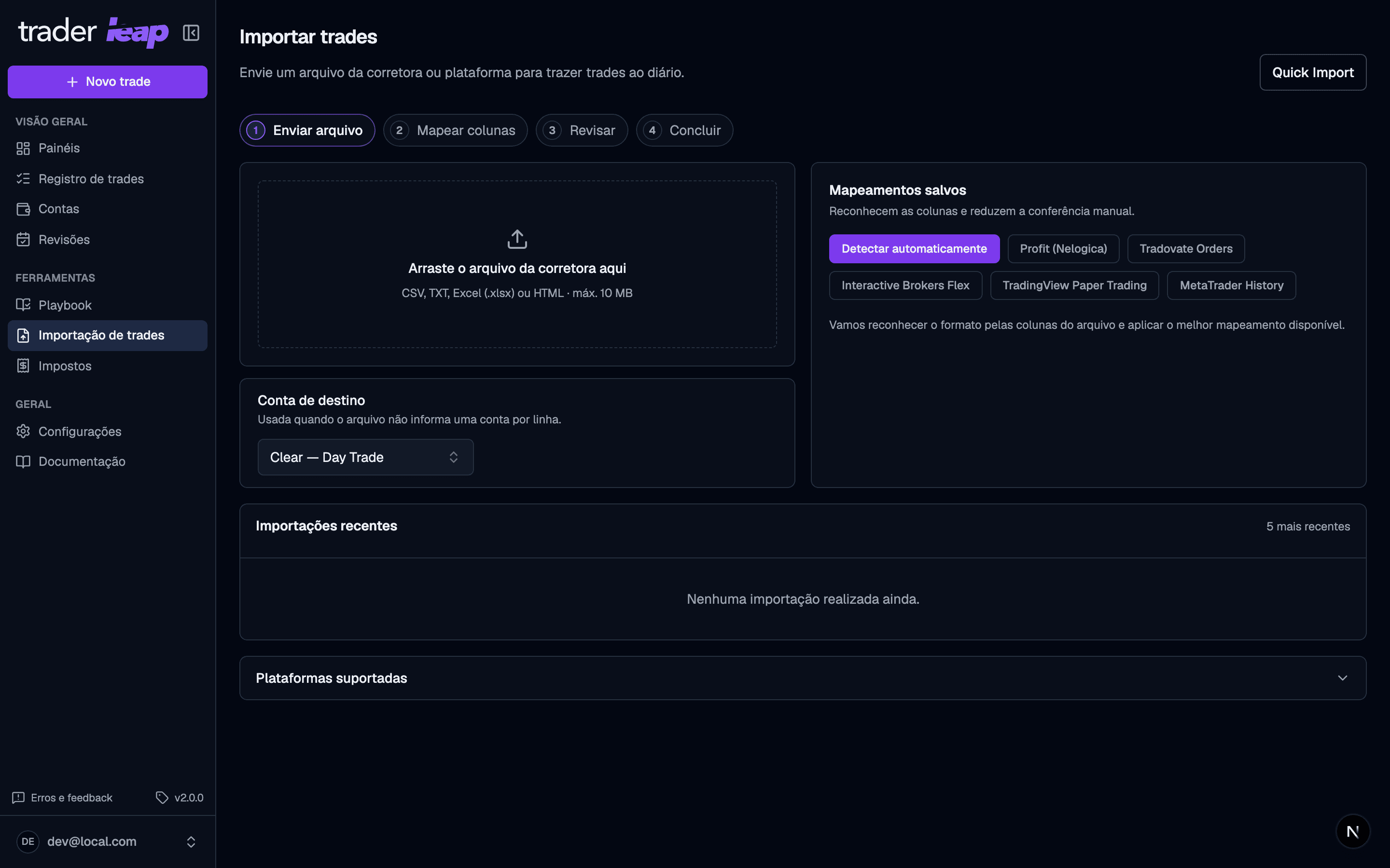 Import screen showing the ready-made broker templates and the file upload area