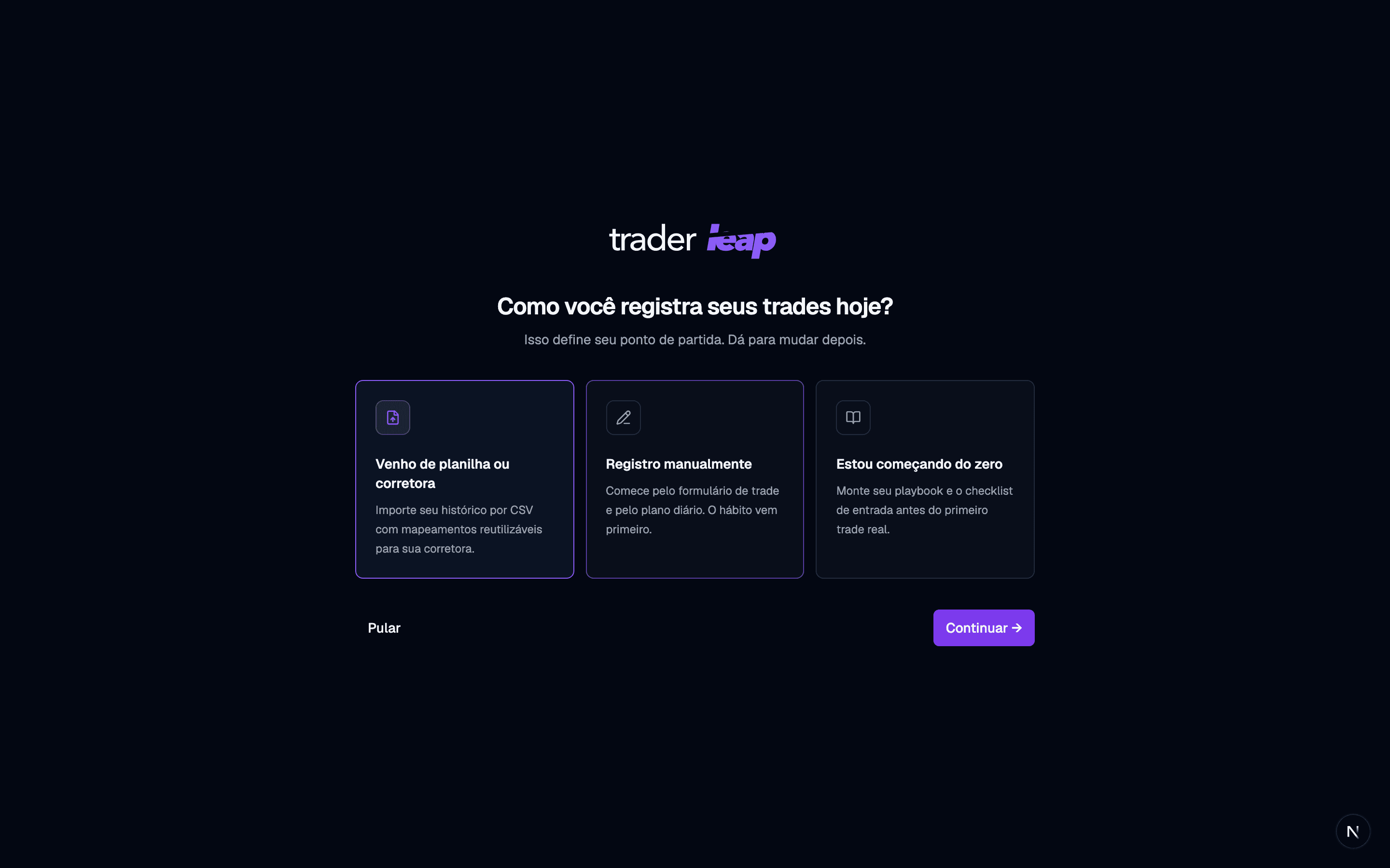 Getting-started screen with three starting points: import, log manually, or build the playbook first
