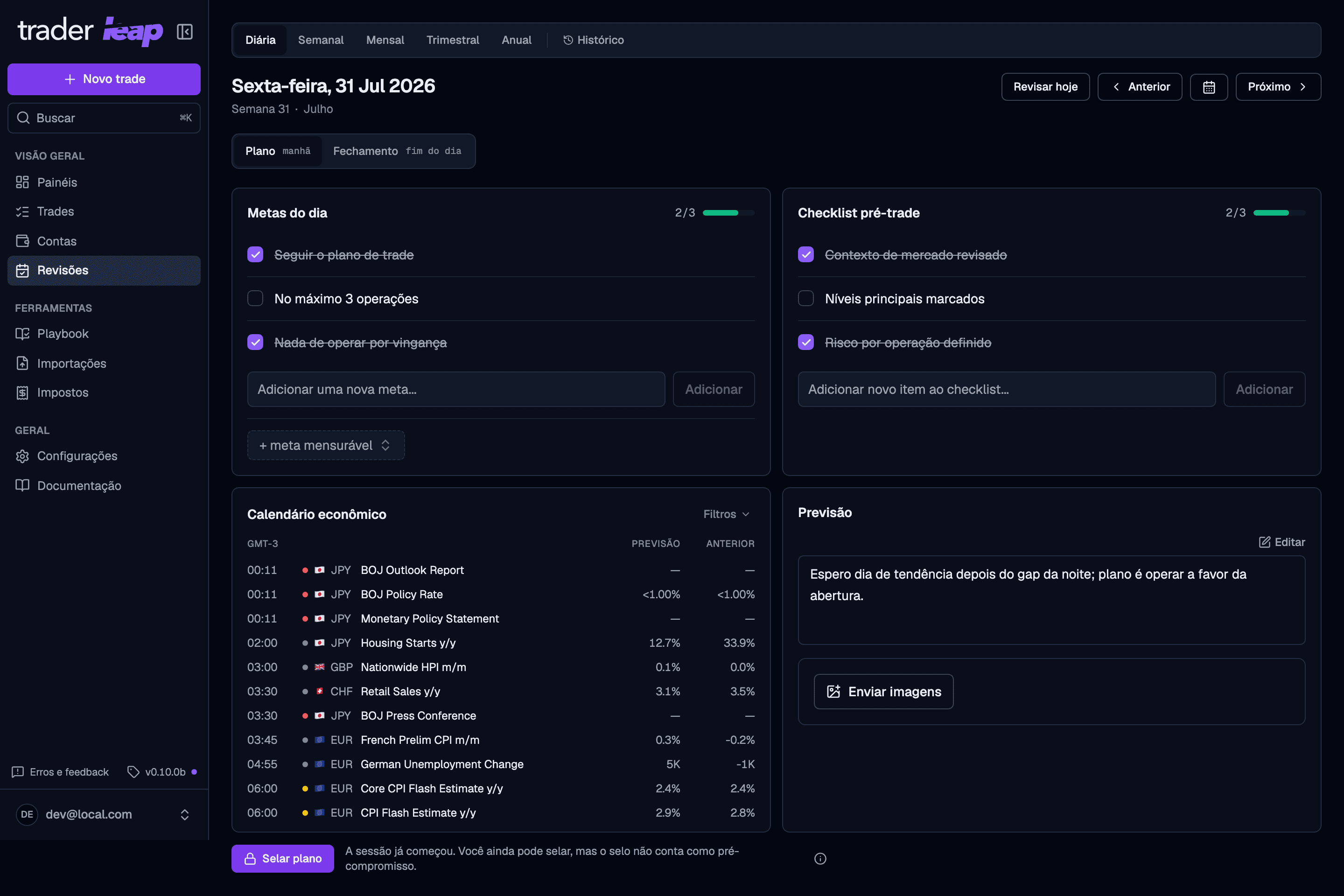 Daily review in Plan mode, with day goals, pre-trade checklist, economic calendar, and forecast, above the seal-plan button