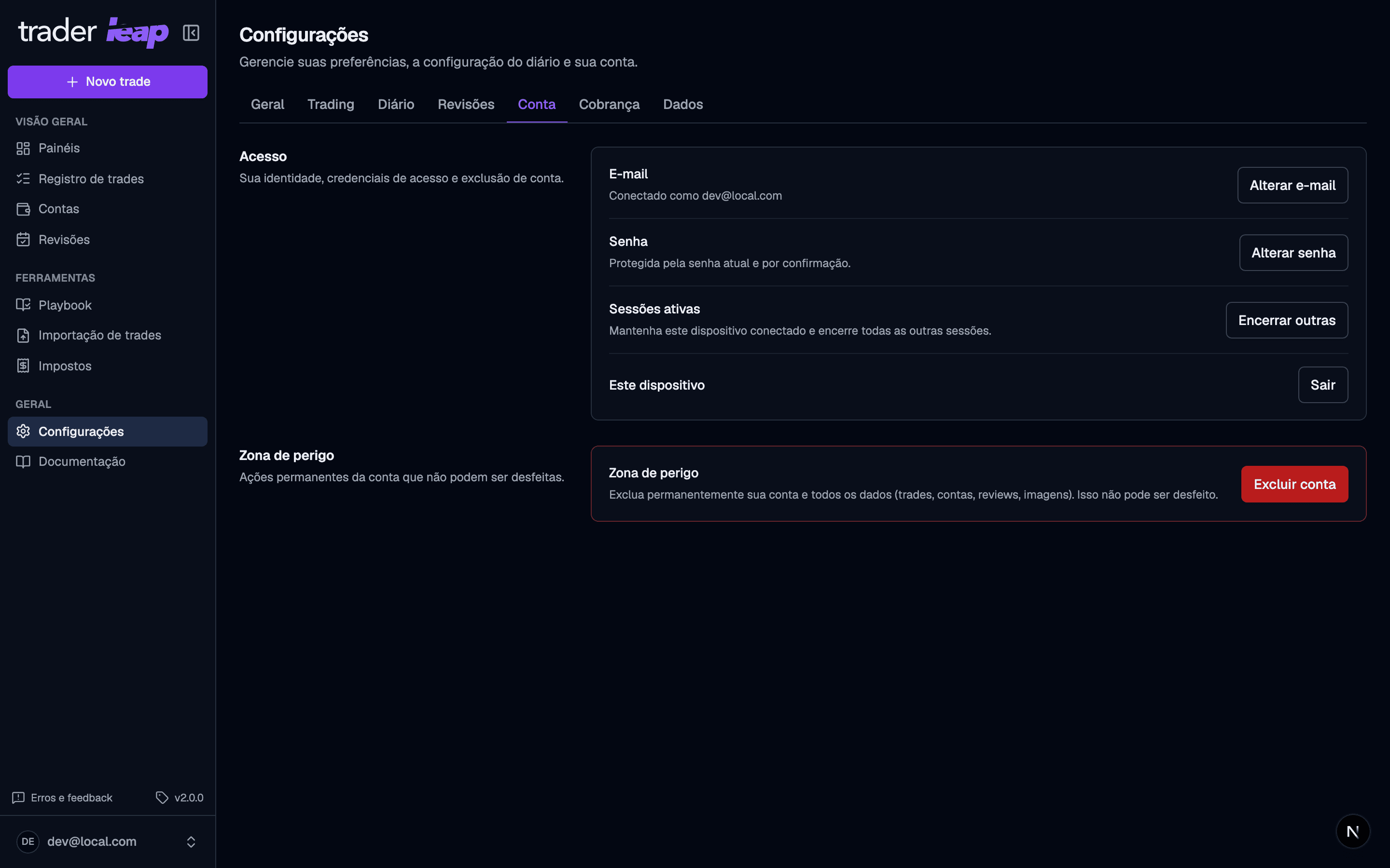 Pestaña Cuenta de la configuración con cambiar contraseña, cambiar correo, cerrar otras sesiones y eliminación de cuenta