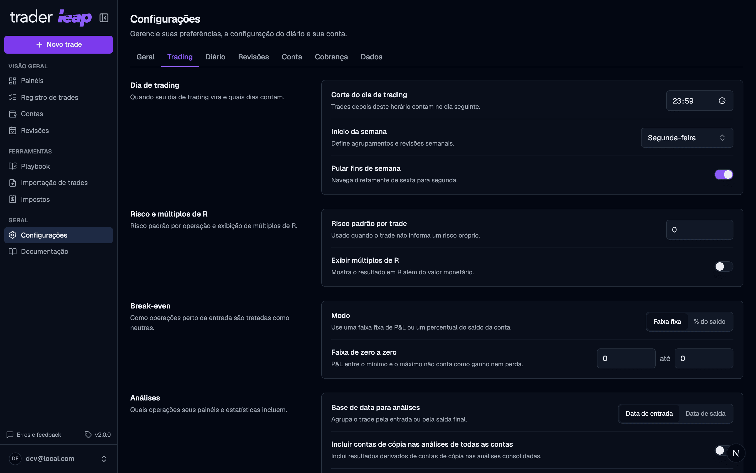 Trading tab of the settings with trading-day cutoff, default risk, and break-even mode