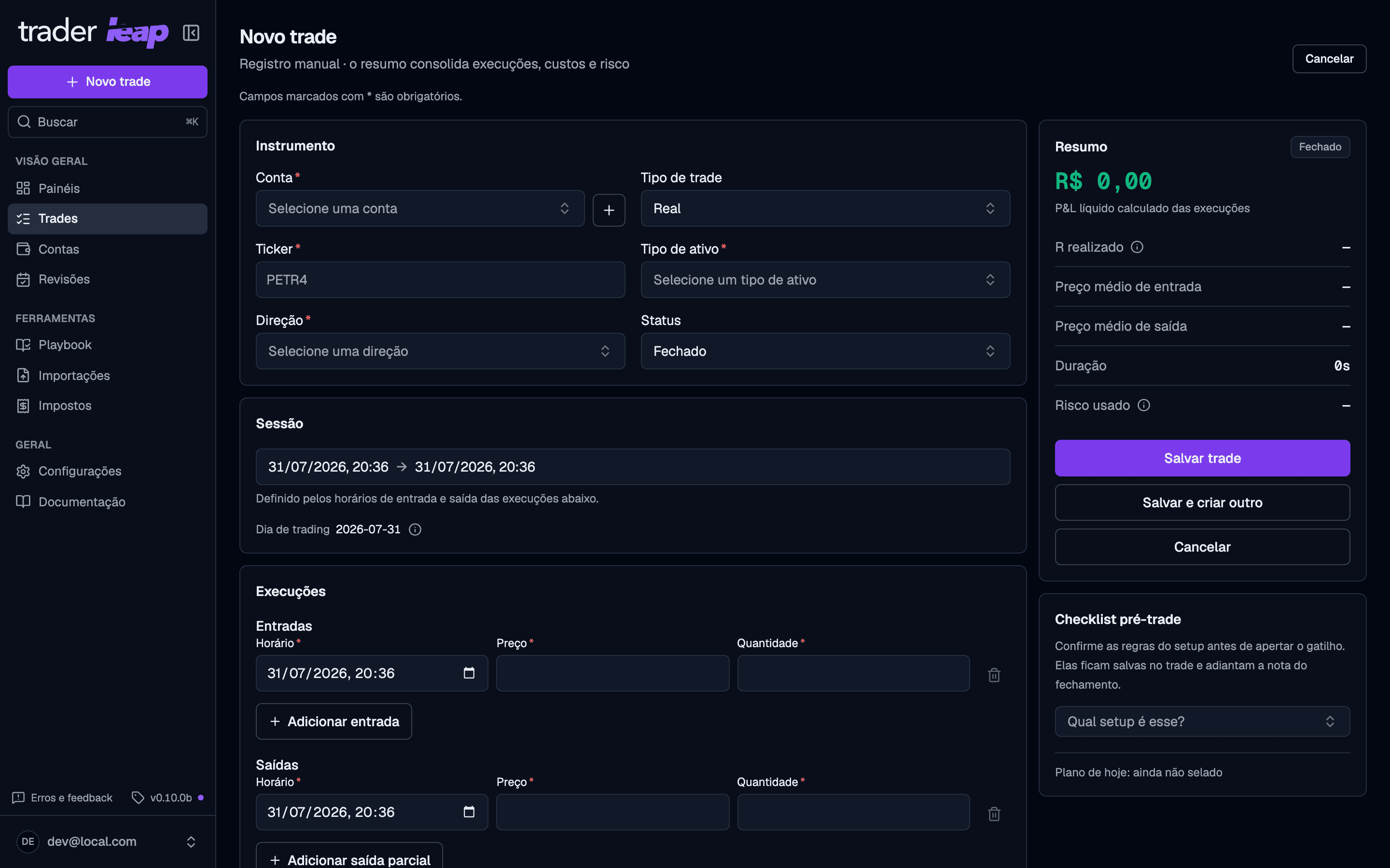 New trade form with executions, live summary, and pre-trade checklist