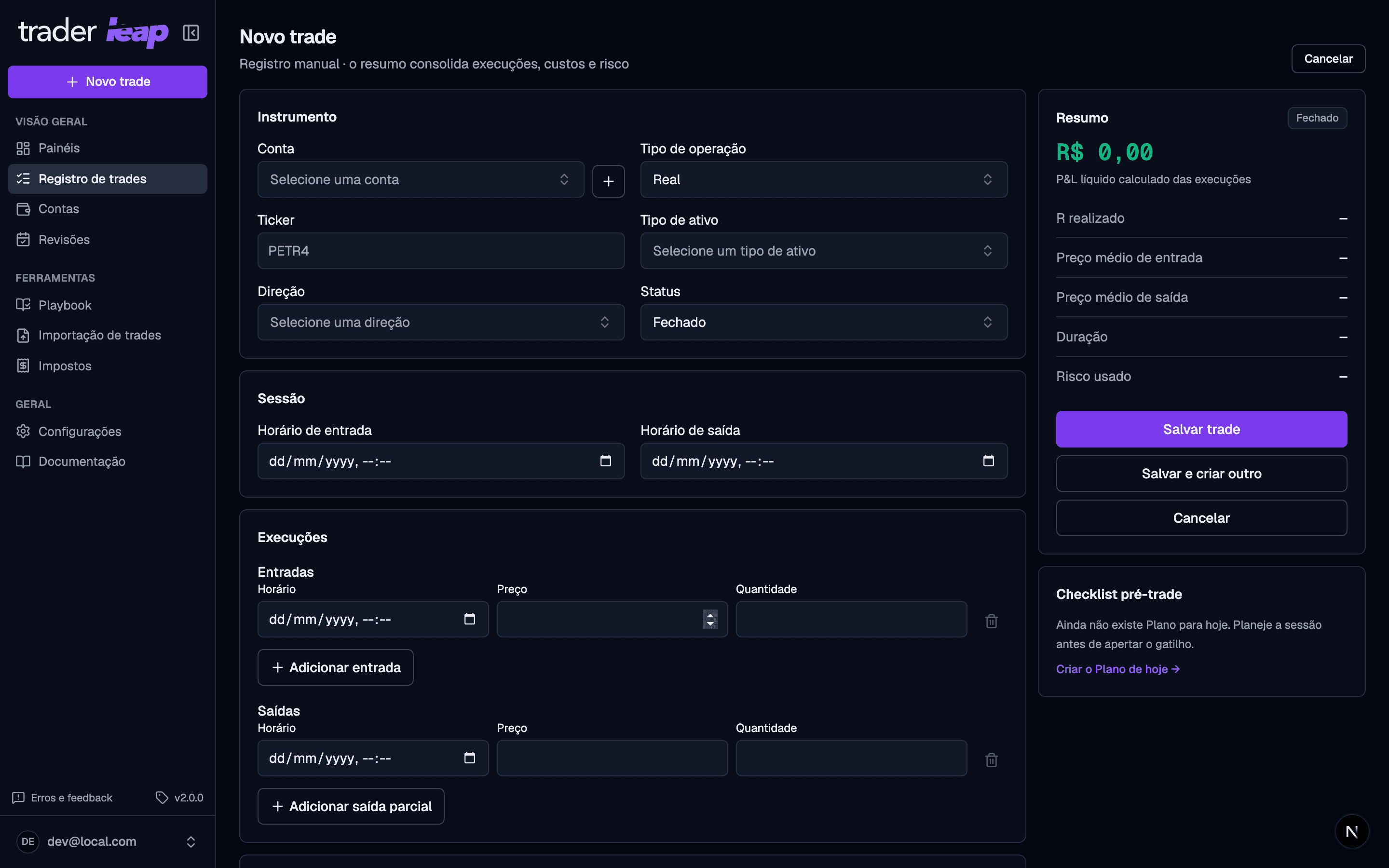 Formulário de novo trade com execuções, resumo ao vivo e checklist pré-trade